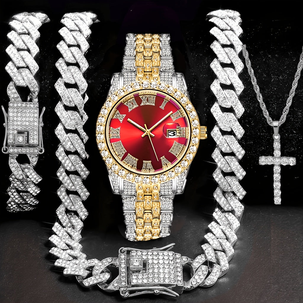 [Birthday Father's Day Wedding] 4pcs Quartz Men's Watches Set with 14Mm Cuban Chain Necklace And Bracelet, Cross Pendant Necklace, Luxury Golden-Tone Quartz Watch with Rhinestone Perfect Gift for Birthday, Father's Day, Wedding