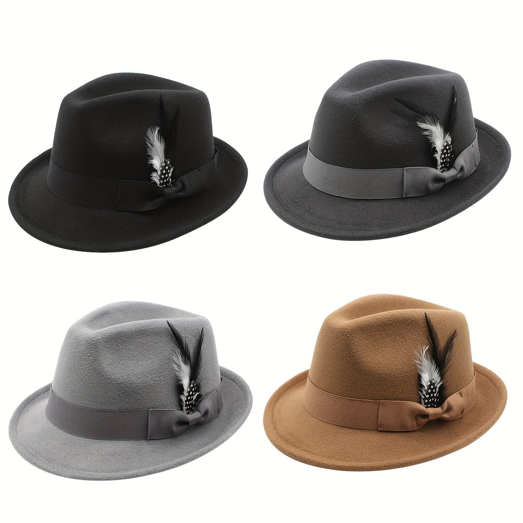 [Classic Fedora Hats] Flongo Classic Fedora Hats For Men Women Short Brim Felt Feather Hat Panama Dress Hat