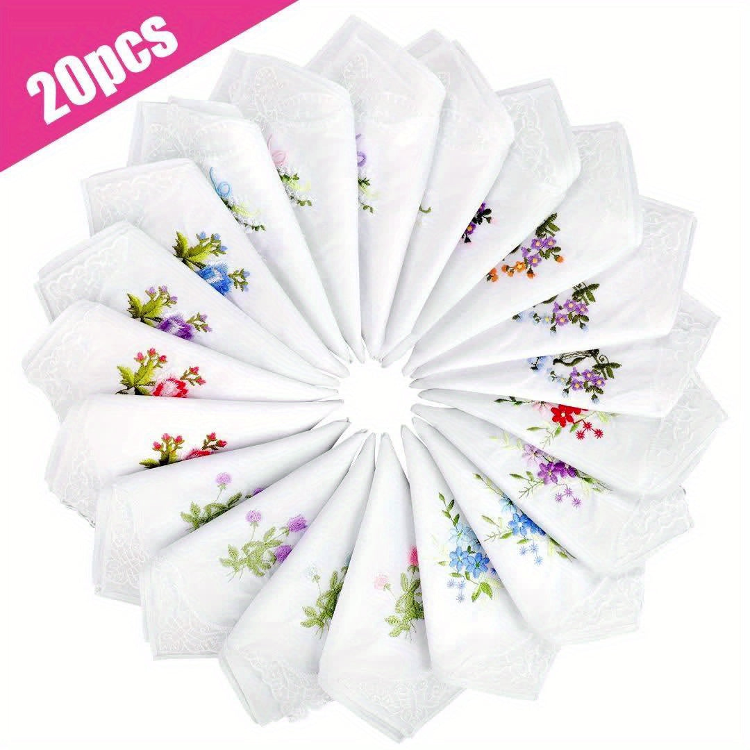 Set of 20 Floral-Embroidered Handkerchiefs for Ladies, Measuring 11 Inches, Made of Soft, Featuring Elegant White Lace Edges, Perfect As a Gift