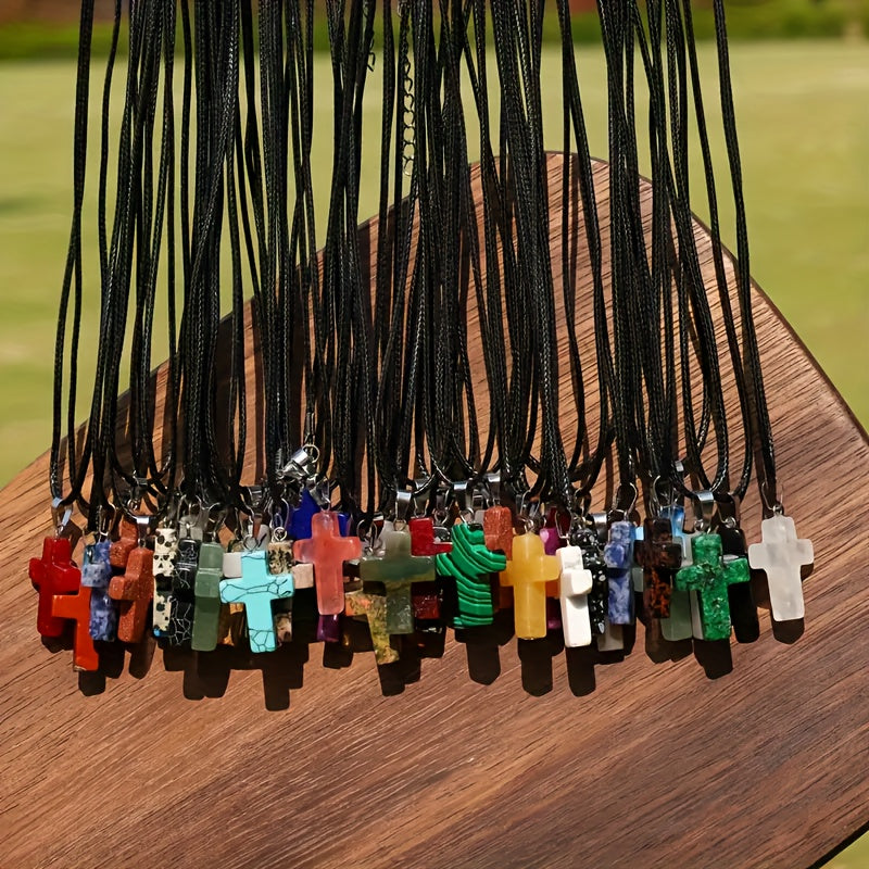 50pcs Mixed Natural Stone Cross Pendant - 25pcs Fashionable Cross Pendant With 25pcs Adjustable Black Faux Leather Necklaces Quartz Faux Jewelry For DIY Necklace, Bracelet, And Earring Making