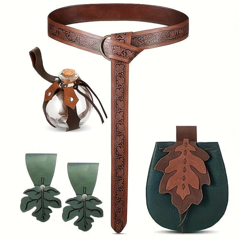 5pcs Renaissance & Medieval Women'S Accessory Set, Faux Leather Belt, Leaf Accent Fairy Dress, Faux Leather Purse, and Cosmetic Vial, for Cosplay, LARP, and Festivals