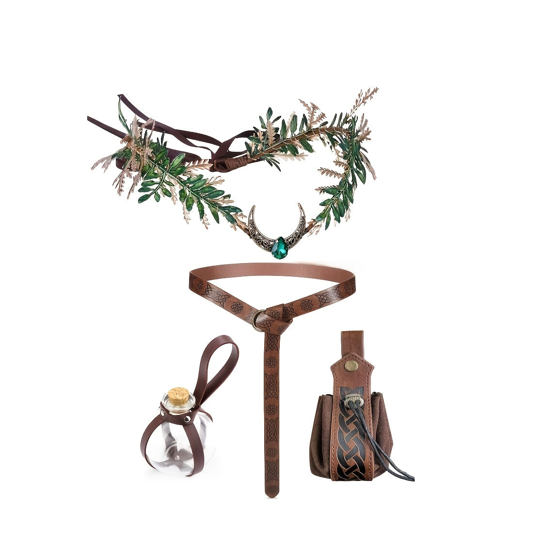 4pcs Set of Women's Renaissance Fairy Costume Accessories - Medieval Elf Headband, Belt Pouch, Cork Potion Bottle, And Elf Crown for Viking Cosplay Masquerade.