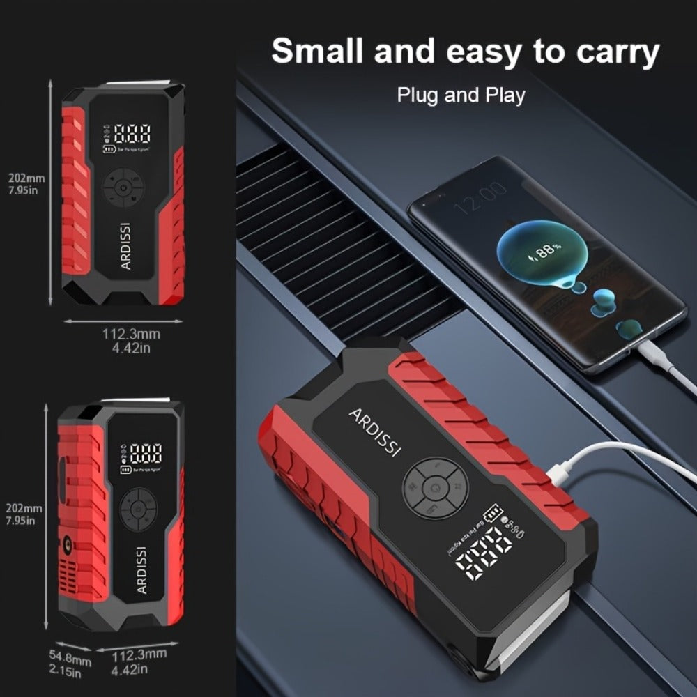 10000A 7-In-1 Multifunctional Emergency Jump Starter with 150PSI Air Pump, Digital Tire Inflator, Portable Car Battery Charger, Up to 2.64gal Gas/2.38gal Diesel, LED Emergency Light & USB Charging, Car Emergency Tool. Suitable As a Holiday Gift
