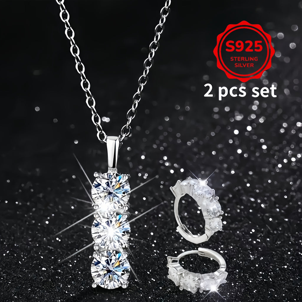 2pcs Set S925 Sterling Silvery Moissanite Necklace + Earrings, 1.8 Carat Elegant Gemstone Pendant, Stylish Unisex Design, Luxury And Exquisite Jewelry, Suitable for Couples, Friends, Birthdays, Anniversaries, Valentine's Day, New Year.