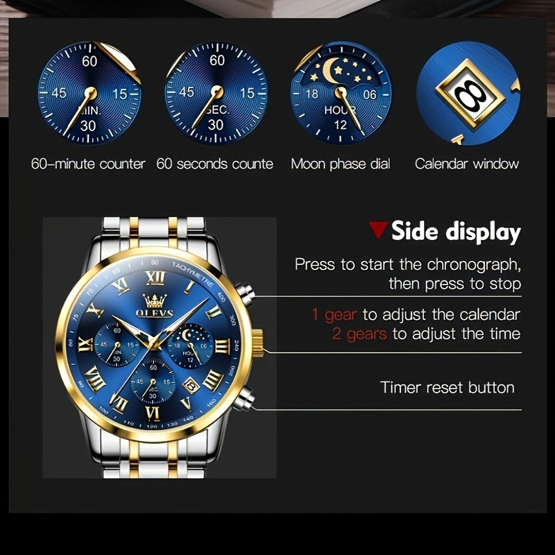 [Luxury Dress Watch] OLEVS Men Watch Stainless Steel Chronograph Roman Numerals Moon Phases Analog Quartz Luxury Dress Watch for Men