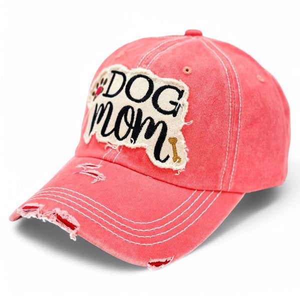 "Dog Mom" Paw and Bone Vintage Distressed Embroidered Baseball Cap For Women - 100% Cotton, Breathable, Casual, Adjustable, UV Protection