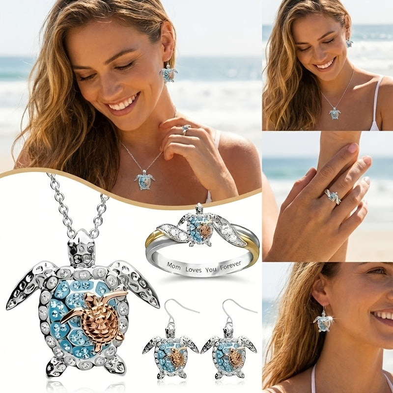 EJG Women'S Turtle Jewelry Collection in 925 Sterling Silver Featuring Moissanite Necklace, Earrings, And Ring, Perfect for Beach Vacations Or Everyday Wear, a Delicate Gift for Her