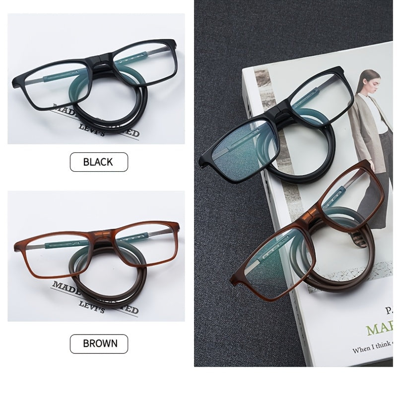 4 Pairs of Reading Glasses Simple Square Folding Magnetic Neck Hanging Fashionable Presbyopic Frame Multifunctional Ultra-light Portable Telescopic Folding Anti-fall Retro Frame Suitable for Office Wear