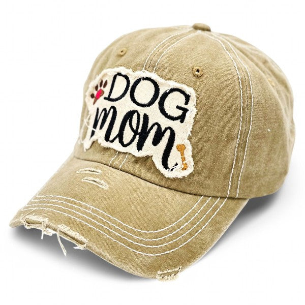 "Dog Mom" Paw and Bone Vintage Distressed Embroidered Baseball Cap For Women - 100% Cotton, Breathable, Casual, Adjustable, UV Protection