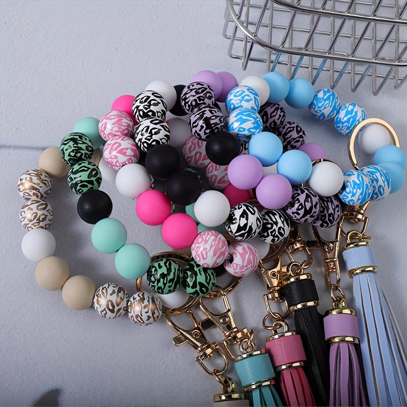 6pcs/set Wooden Beads And Bead Shaped Wristband Keychains with Tassels, Perfect for DIY Jewelry Or Handbag Keychains, Suitable As Gifts for Friends And Mothers