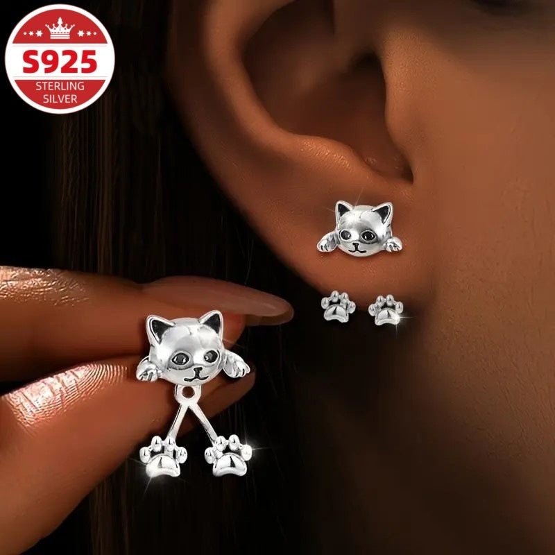 S925 Sterling Silvery Female Cat Paw Hanging Earrings, Creative Design, Cute Pet, Exquisite and Sweet, Suitable for Daily Versatile Gift Giving, Low Allergy, Can Be Stuffed into Socks as a Christmas Gift, Special Offer