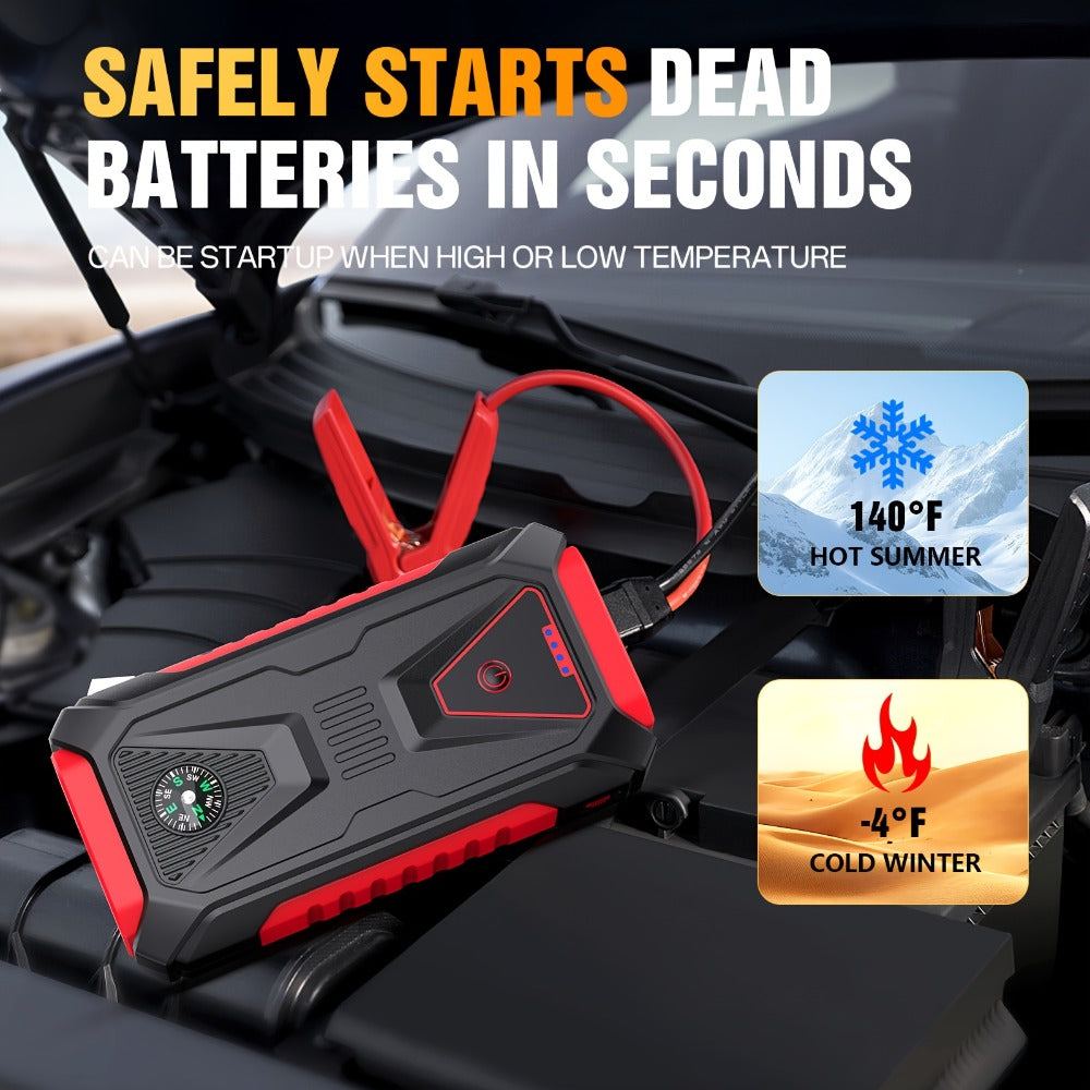 12V Portable Battery Starter | 5000A Peak Jump Starter for 2.64gal Gasoline and 2.11gal Diesel Engines, LED Flashlight, SOS Warning Lights, Emergency Power Supply with Safety Hammer and Compass, USB Dual Use, Rechargeable Lithium Polymer Battery, For RV