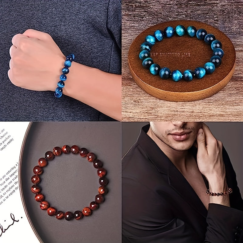 10pcs Set 8mm Bracelet Round Beaded Bracelet Men And Women Stone Stone Natural Stone Stretch Beaded Bracelet Unisex, Suitable for Men And Women Holiday Gift Simple Gift