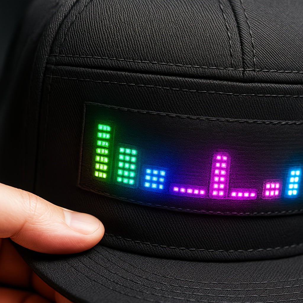 Programmable LED Hat for Men | Black, Scrollable Text & Animated Patterns, APP-Controlled, Adjustable, Woven Fabric, Ideal for Parties & Holidays