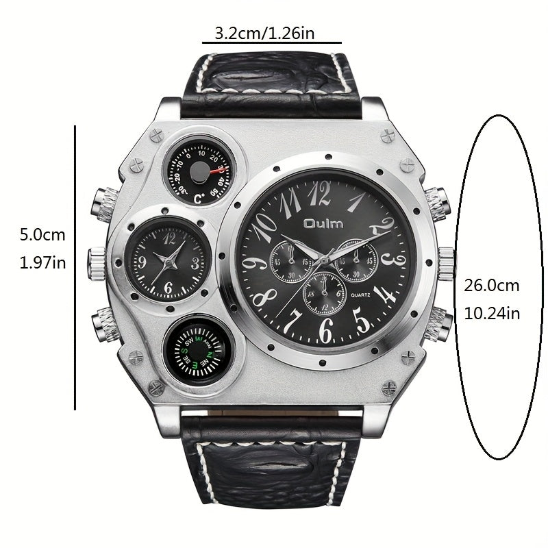 [Dual Time Zone Watch] 2pcs Domineering Men's Dual Time Zone Sports Watch Ring Set Multi-function Quartz Watch with Ring