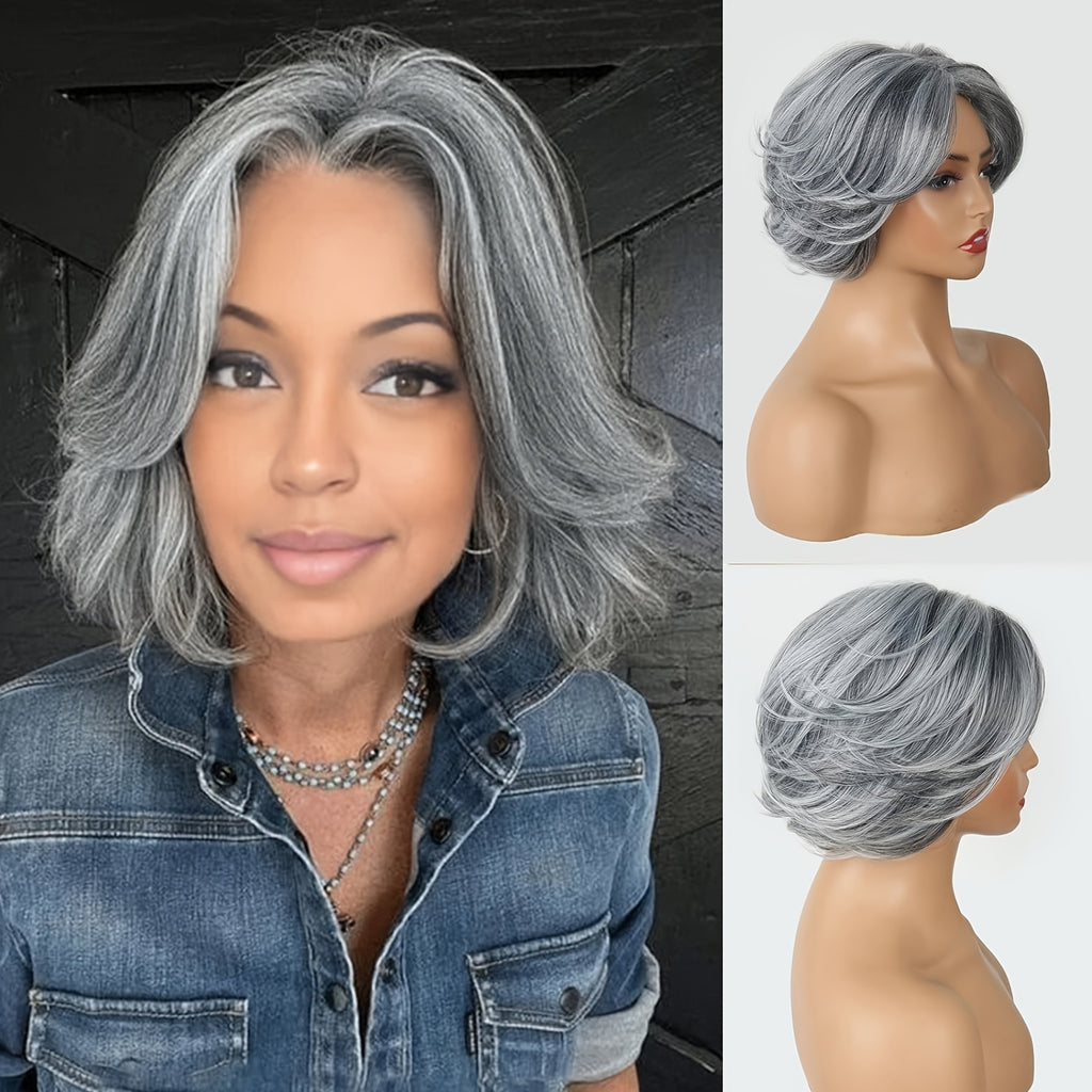Grey Straight Hair Pixie Cut with Bangs 12 Inch Highlight Silvery Grey Synthetic Pixie Bob Hair Wig for Women Daily Dress Up Cosplay
