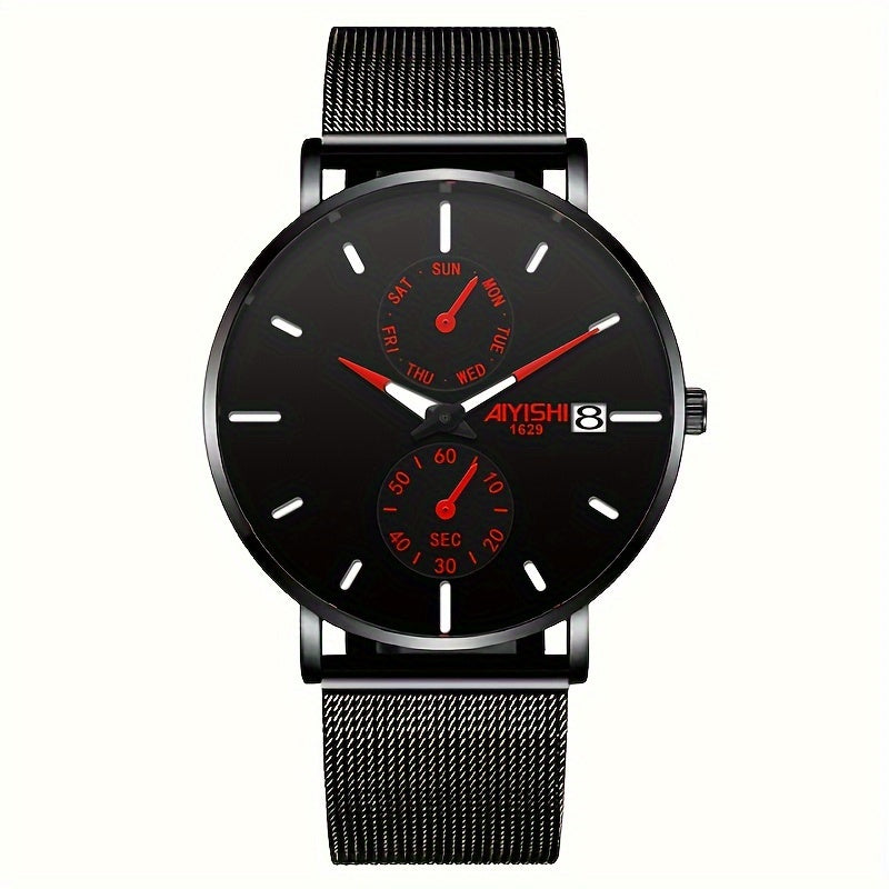 Men's Fashion Quartz Watch With Blue And Red Accents, Stainless Steel Mesh Strap, Modern Design, 14 Mm Case Thickness, Stylish Gift With Box