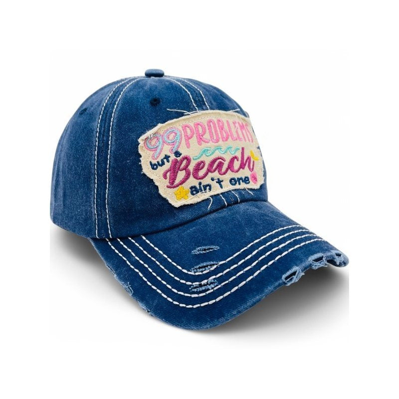 99 Problems But Beach ain't one Vintage Distressed Embroidered Baseball Cap For Women - 100% Cotton, Breathable, Casual, Adjustable, UV Protection
