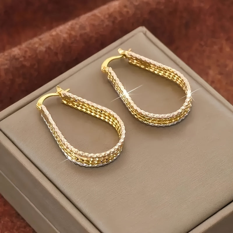 [Golden Copper Earrings] Fashionable and Shiny Water Droplet Ripple Hoop Earrings, Golden Copper Earrings, Elegant and Minimalist Style Women's Oval Earrings