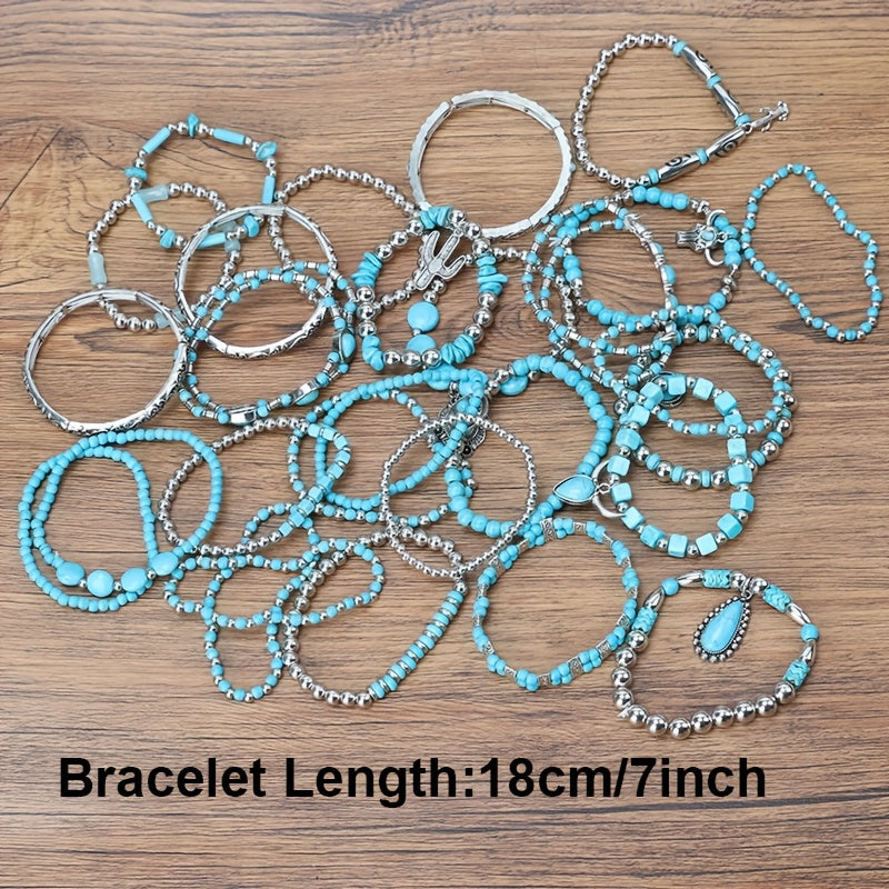 [Turquoise Beads & Charms] 5/16/19/24pcs Western Bohemian Vintage Turquoise Bracelet Set - Multilayer Stacked, Unisex Jewelry with Beads & Charms, Layered Design for Daily Wear, Party Music Festival, Perfect Daily Wear Or Holiday Gift