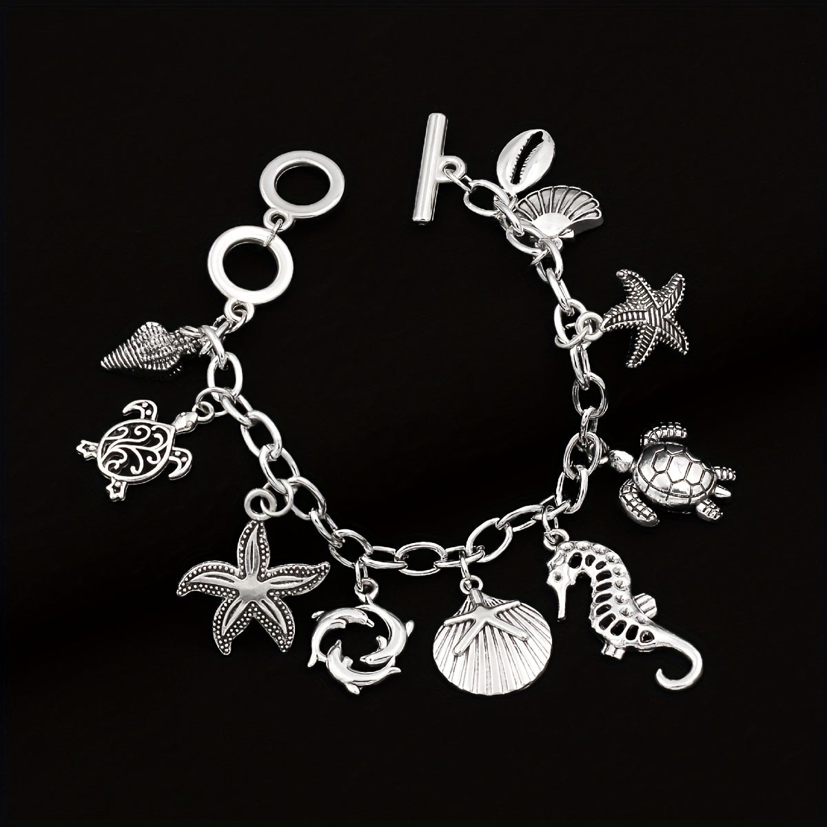 S925 Silver 1pc Ocean Style Seahorse Turtle Dolphin Starfish Sea Snails Scallop Conch Charm Pendant Chain Bracelet, Marine Animal Bracelet Friendship Jewelry Gift.Total Weight Of The Product (3g)