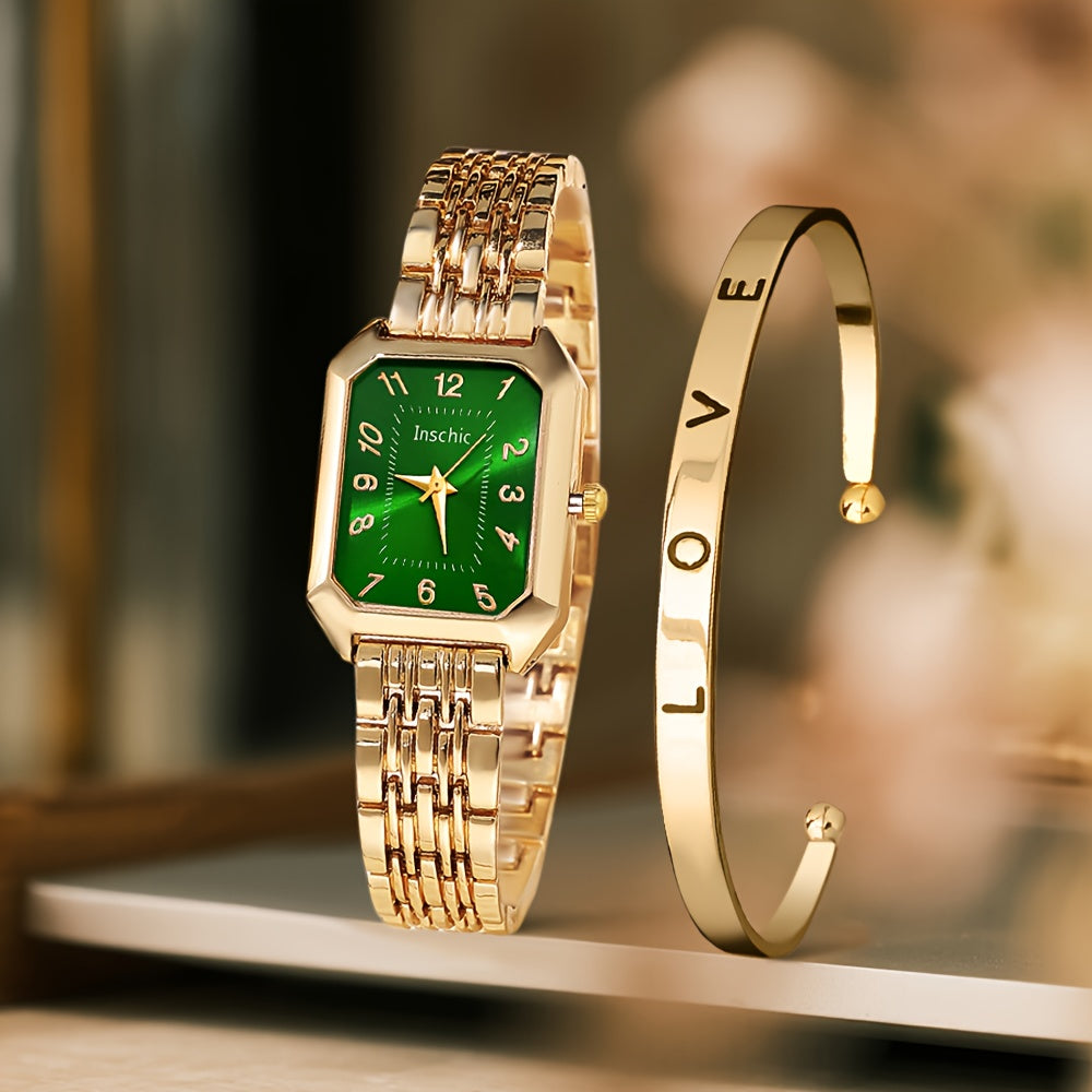 A 2pcs Women's Watch Gift Set Featuring a Trendy Open Bangle Combination with a Casual Quartz Watch, Classic Vintage Rectangular Dial Watches for Men, Christmas, Birthday Gifts, Reloj Para Hombre.(Box Not Included).