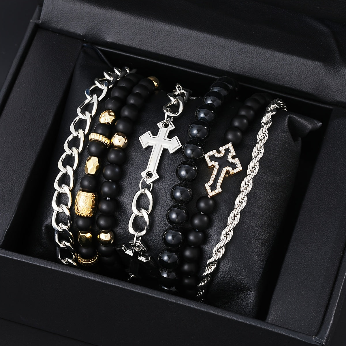 7pcs Casual Fashion Men's Bracelet Set with Beaded Cross Rhinestones Chain, Perfect for Daily Wear, Dates, and Vacation Parties - Ideal Gift for Boyfriend Father