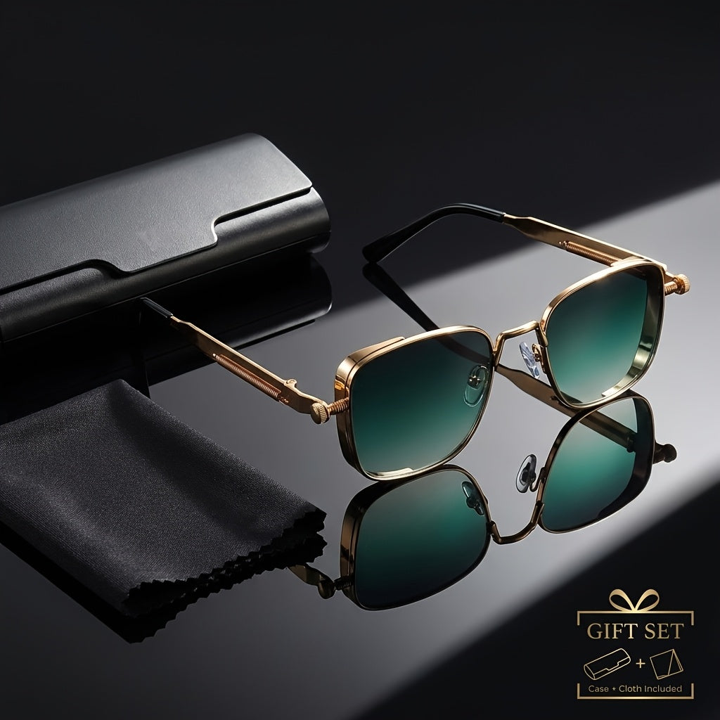 Retro Steampunk Style Square Sunglasses for Men And Women - Vintage Metal Frame with Gradient Green Lenses, Including Eyeglass Cloths And an Eyeglass Case - Cool And Edgy Look for Parties, Streetwear, Festivals - UV400 Protection - Unique Gift Idea
