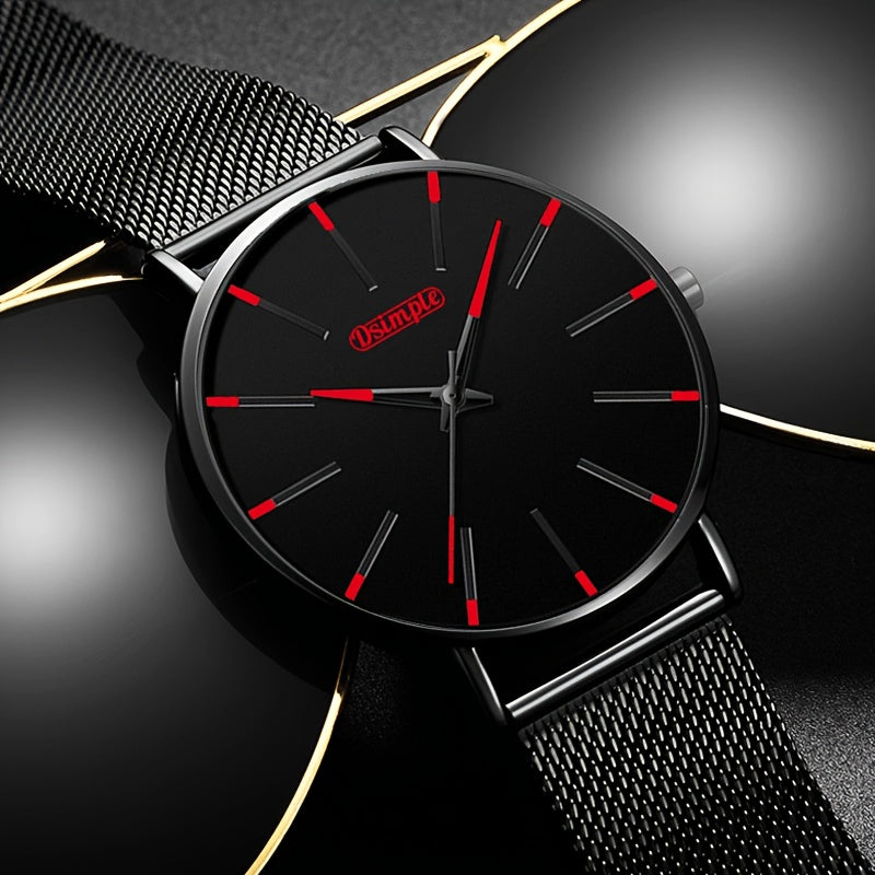 Men's Classic Black Quartz Watch with Stainless Steel Mesh Band, Black Dial & Red Hands, High Quality 1181.1inch, Analog/Digital Display, Date/Day/Stopwatch/Chronograph, Scratch-Resistant Glass, Comfort Fit for Everyday & Formal Wear - Elegant Minimalist