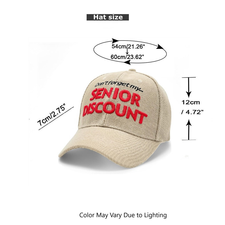 "SENIOR DISCOUNT" Embroidered BASEBALL CAP Adjustable, UV protection Design for Men, Perfect for Outdoor Activities, Casual, Fun Cap