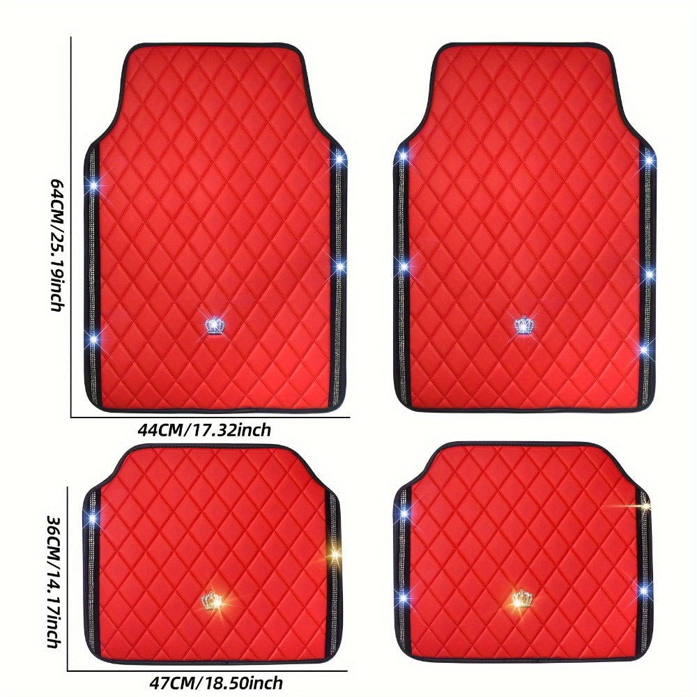 Red Black PVC Embroidery Inlaid Glitter Glowing Crown Artificial Rhinestone Car Foot Pad Easy To Clean Unisex