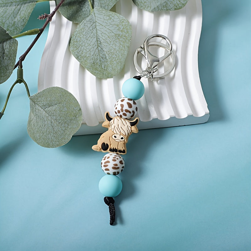 2pcs/set Vintage Cartoon Mint Green Yak Keychain Pendant Western Cowboy Style Handmade Beaded Keychain Bag Clasp Fringed Wrist Key Ring Accessory Perfect Gift for Friends