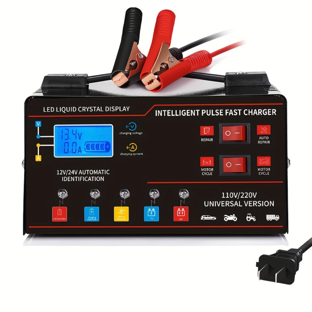 12V&24V Intelligent Universal Battery Charger With LCD Display, Smart Repair, Temperature Compensation, Overcharge And Short Circuit ProtectionSuitable For Intelligent Trickle Charging Of Cars, SUV, Trucks, Yachts, Motorcycles Battery Maintenance