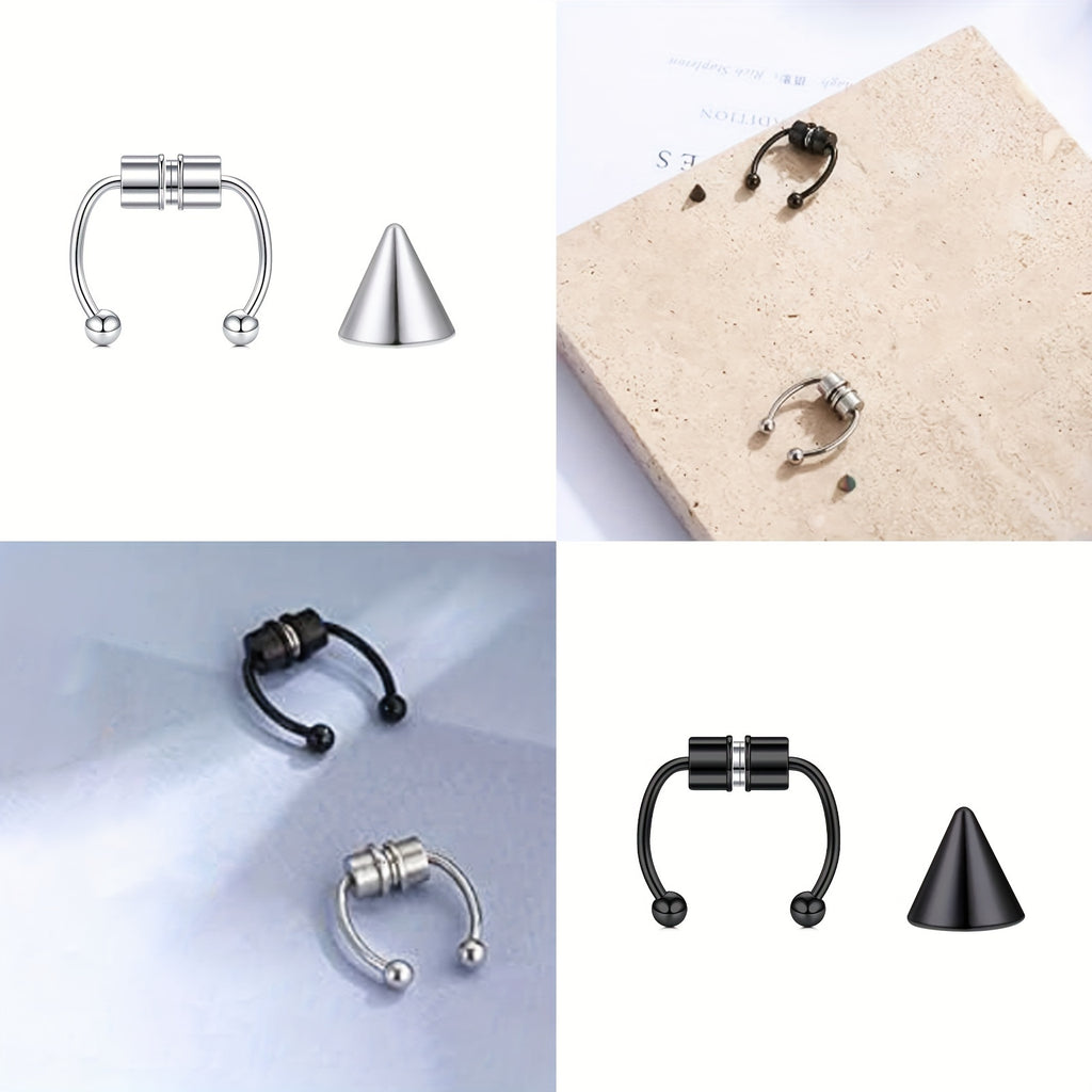 12pcs Set Of Magnetic Fake Nose Rings with Replacement Ball Nose Clip Silvery Black Stainless Steel Punk Style Septum Ring for Women, Safe And Painless Nostril Non Piercing Jewelry