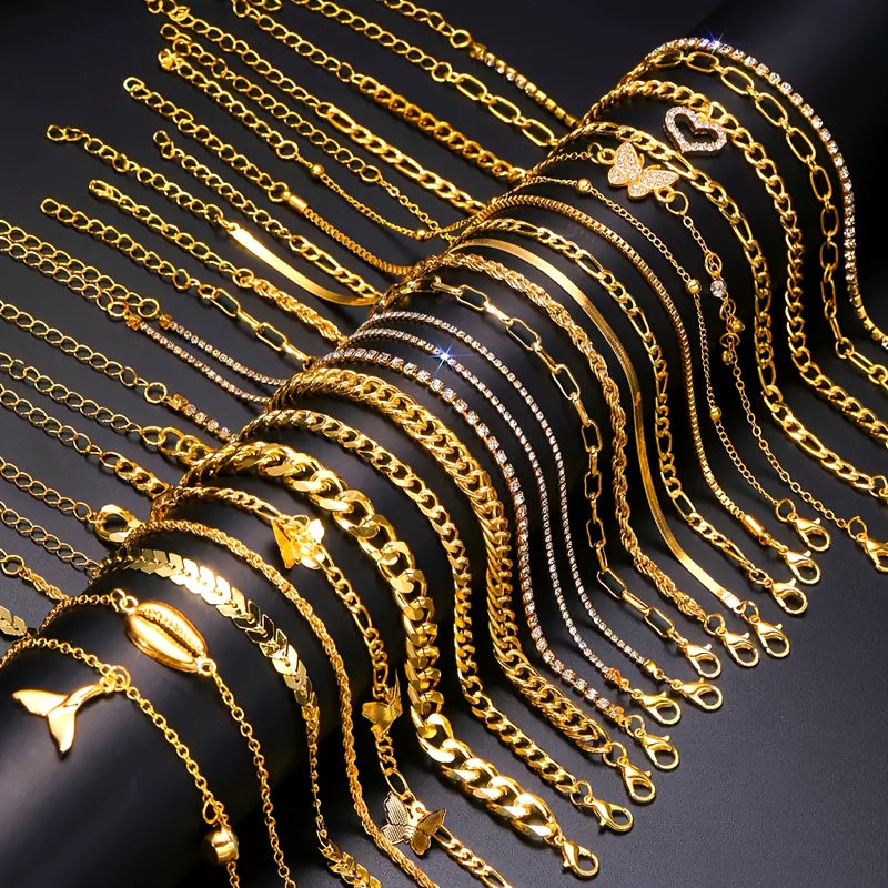 22pcs Vintage Simple Encrusted Rhinestone Metal Geometric Butterfly Heart Twist Chain Style Multi-Layer Stacking Anklet Set Women's Autumn And Winter Daily Match Attend Party Vacation Dating Holiday Gift