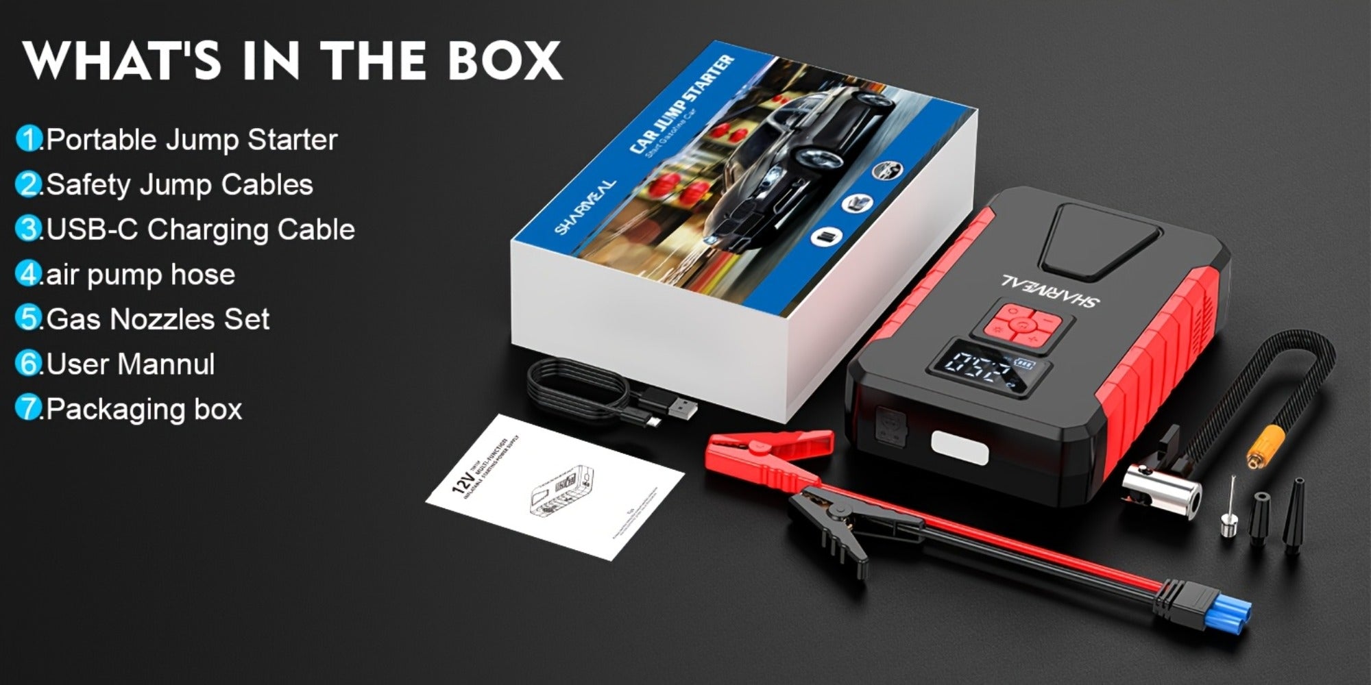 [Portable Jump Starter] 15000A-19000A Peak 350PSI 12V 17-in-1 Portable Jump Starter with Air Compressor Jump Starter, Car Battery Charger, Car Jump Starter with Air Compressor, Jump Starter Para, Car Accessories Tools, LED Light, Battery Charger, Cart Bat