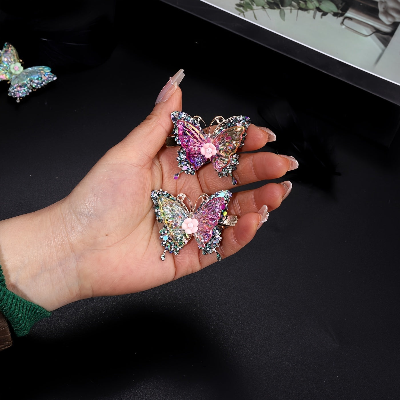 12pcs/set New Luxury Shiny Sequin Double-layer Butterfly Clip, Women'S Fashionable Double-layer Acrylic Butterfly Hair Clip, Suitable For Daily And Holiday Party Wear, Women'S Y2k Headwear Hair Accessories
