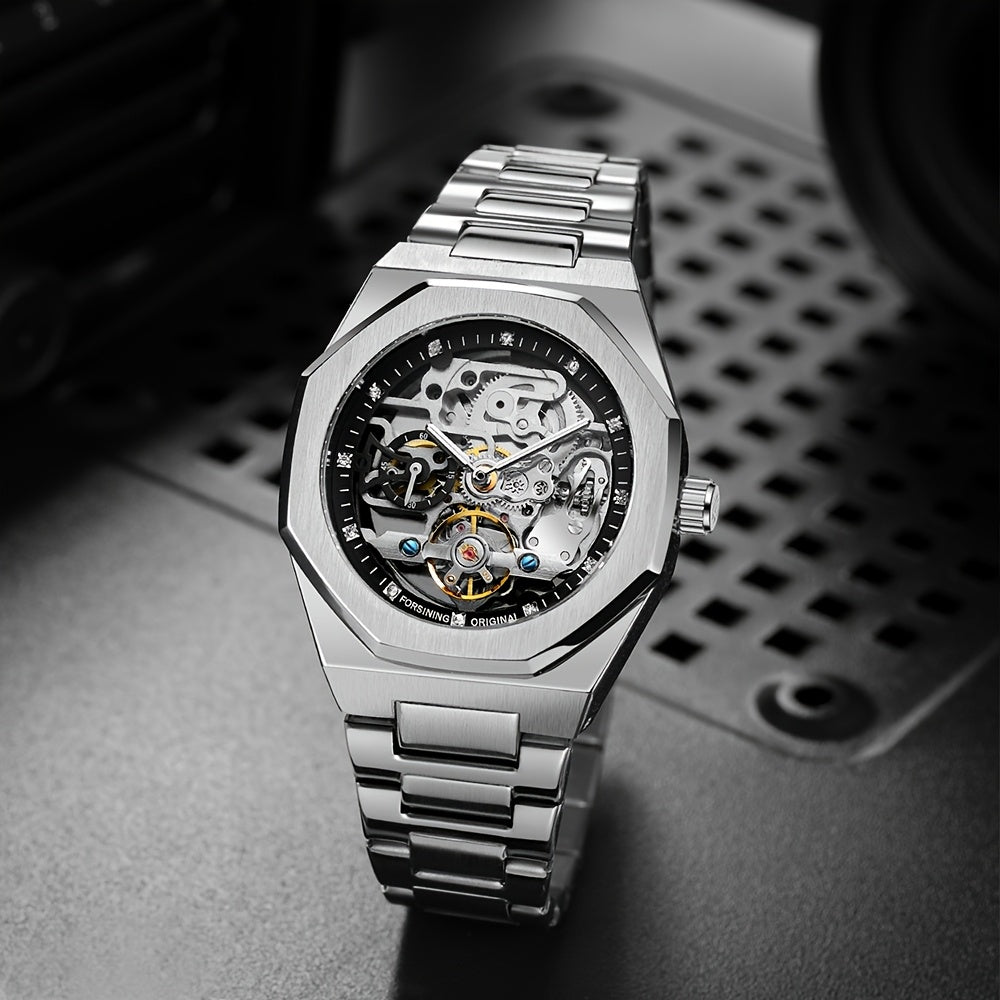 1pc FORSINING Men's Luxury Mechanical Watch - Skeleton Tourbillon, Luminous Hands, Stainless Steel Band, Irregular Case, Fashion Casual Style, Ideal for Christmas, Father's Day Gift, Luxury Business Watch | Automatic Watch | Without Battery
