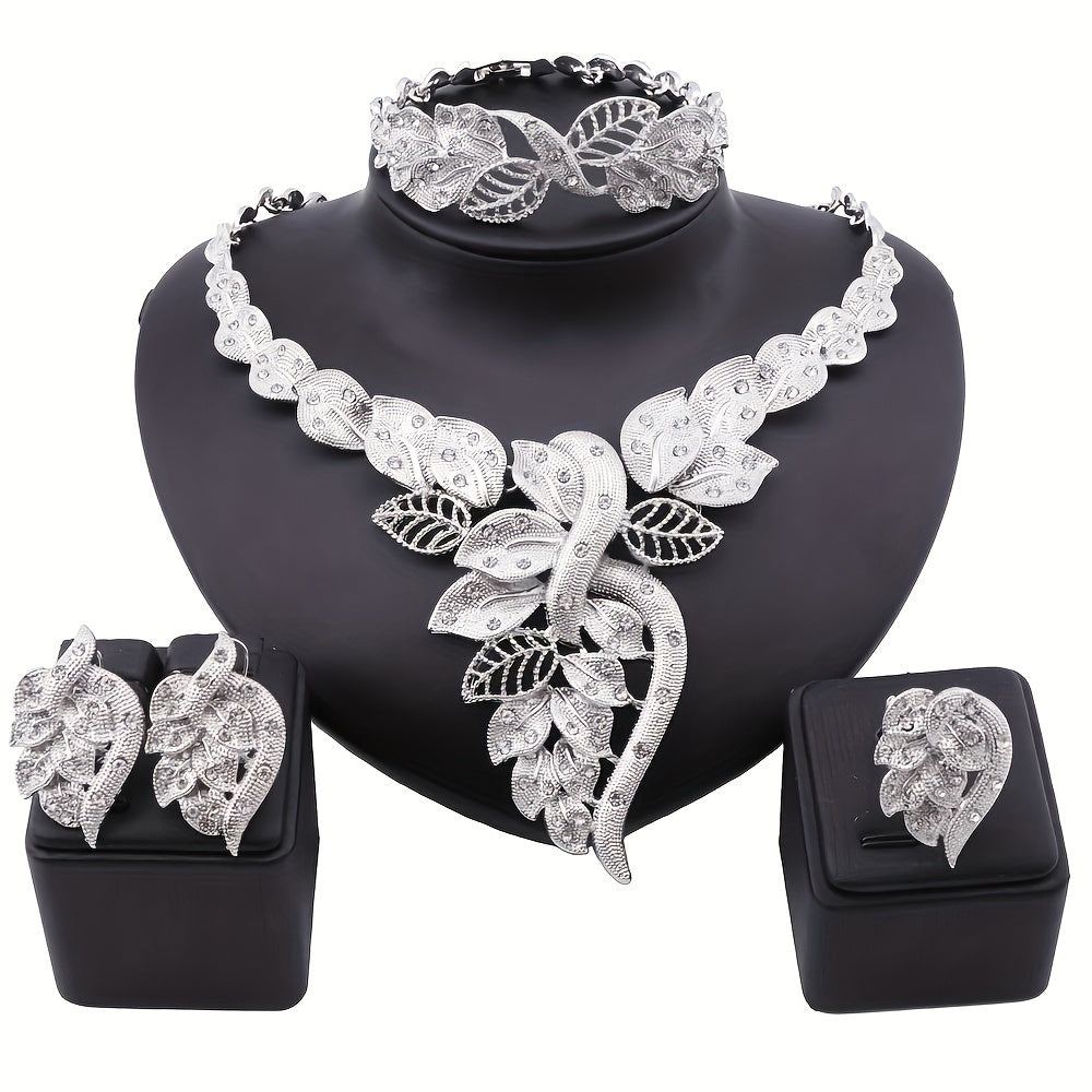 Elegant Jewelry Set: Necklace + Earrings + Bracelet + Ring, 4-in-1 Set Inlaid Rhinestones, Christmas Gifts Halloween Costume Accessories, Holiday Party Dress Up Various Formal Dinners Prom Parties Wedding Receptions Evening Gown