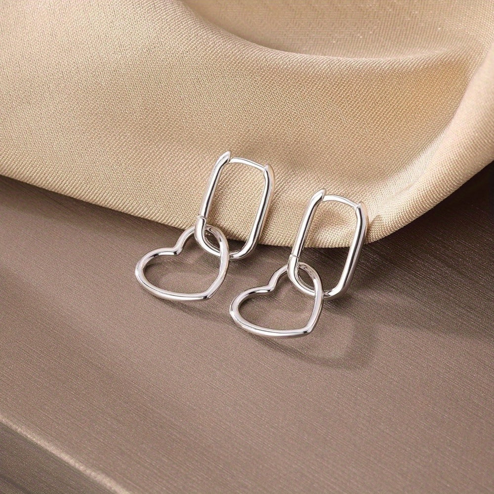 925 Sterling Silver Heart-shaped Pendant Earrings for Women and, Mini U-shaped Ring Earrings, Link Pendant Earrings, Mother's Day Christmas Gift for Girlfriend