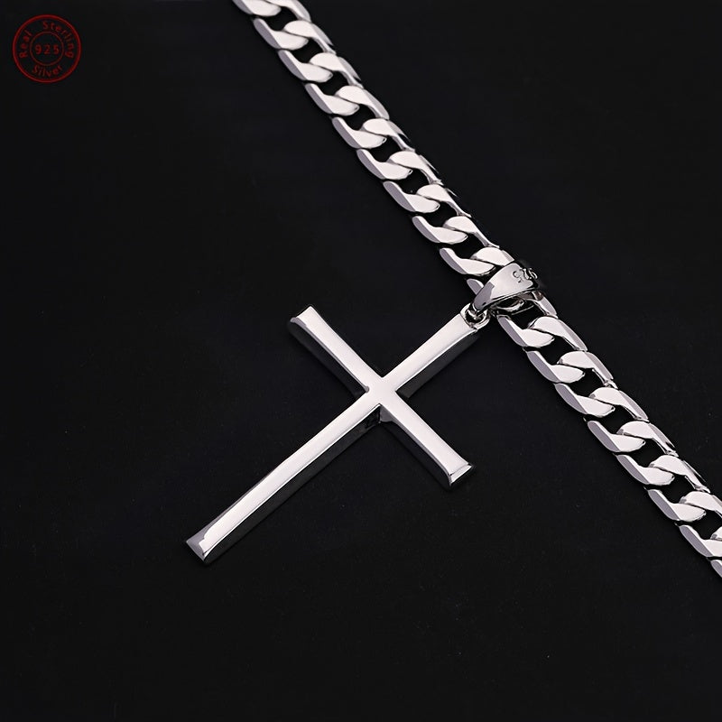 S925 Sterling Silvery (4g) 5mm Cuban Chain 24in Cross Pendant Necklace, Anniversary Christmas Gift, Gift Box