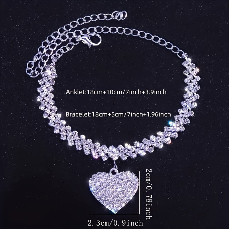 Luxury Design Glitter Rhinestone Heart Love Anklet And Bracelet Set For Women's Birthday Parties, Weddings, Anniversaries, Jewelry Gifts
