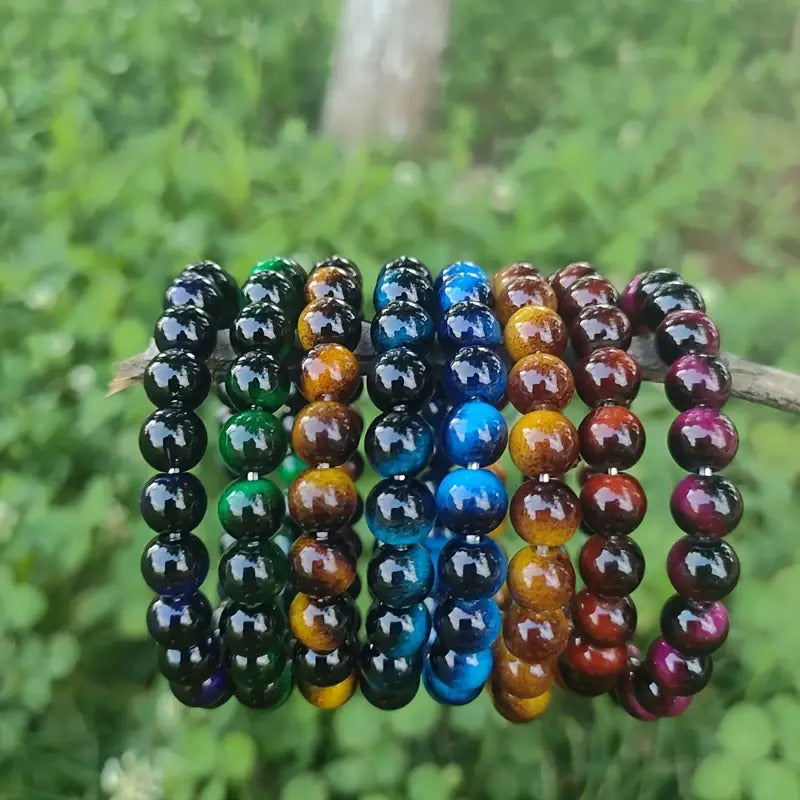 8pcs Set of 8mm Tiger Eye Stone Bracelets- Handmade, Fashionable and Durable, Suitable for Daily Wear- Unisex Design- Perfect Gift for Valentine'S Day, Birthdays, or Any Special Occasion