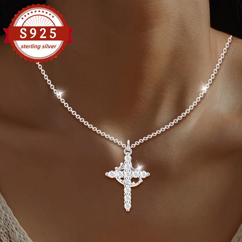[Vacation, Banquet] 1pc, S925 Silver Cross Crown Necklace, Women's Fashion Pendant Necklace, Vintage Luxury, Suitable for Women's Daily Wear, Vacation, And Banquet Occasions, Hypoallergenic, Total Weight of The Product (2.85G)