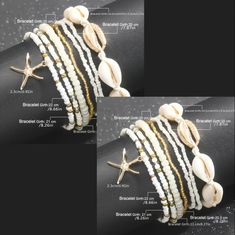 14pcs Sea Shell, Starfish & Rice Beads Anklets - Nautical Charm Beach for Women, Summer Vacation Ankle Bracelets for Surfing, Pool, Daily Wear (No Coating) - Shells & Starfish Charms