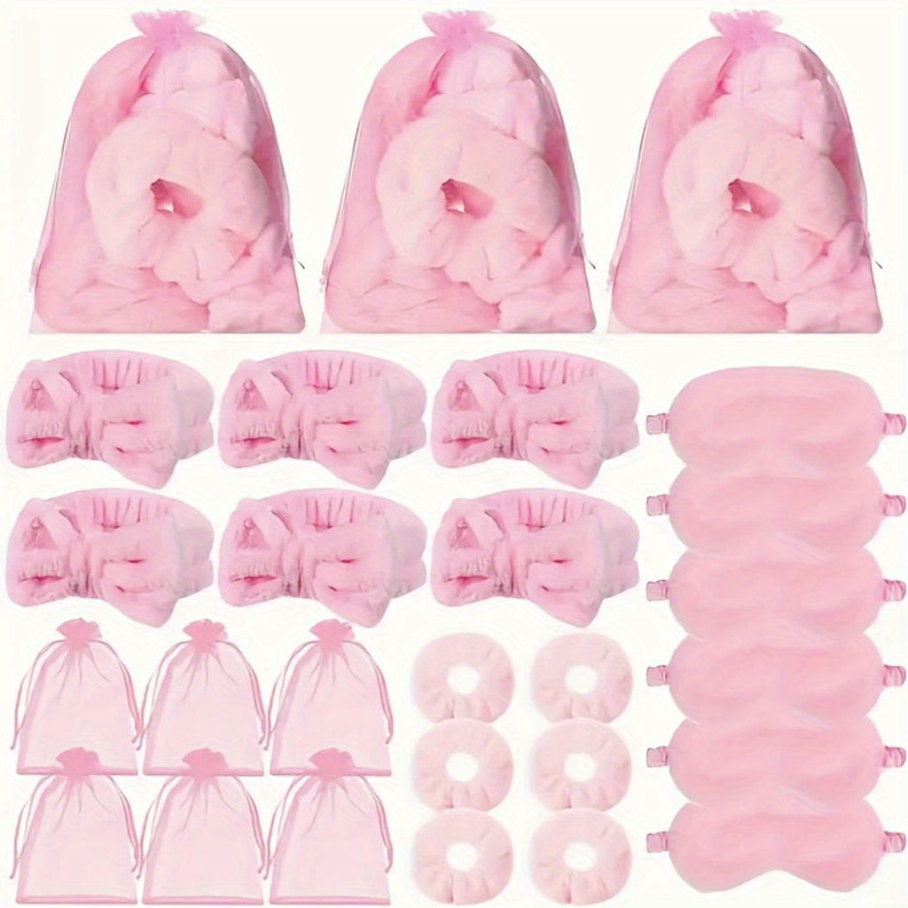 24 Pack Pink Spa & Sleepover Party Supplies - Cute Scrunchies, Sleep Eye Masks & Organza Bags for Slumber Party Favors, Hair Pack (24pcs)