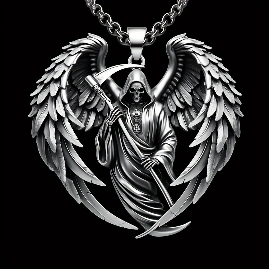 Men's 316L Stainless Steel Gothic Skull with Wings & Reaper Pendant - Heavy Duty Punk Jewelry Suitable for Concerts, Casual Attire & Reaper Events - 316L Stainless Steel Necklace