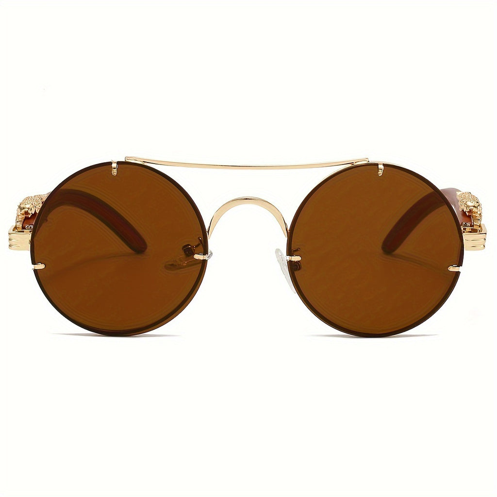 Fashionable Round Metal Frame Glasses with Gradient PC Lenses - Luxury Double Bridge Design, Leopard Detail Hinges, Stylish And Chic for Both Men And Women, Perfect for Vacation, Street Photography, And Includes Protection Case, As a Unique Gift