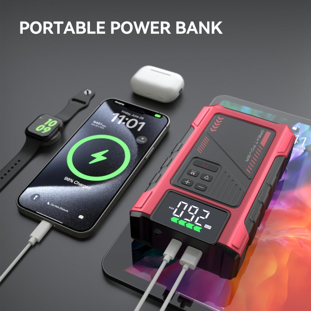[Portable Jump Starter] 9-in-1 Portable Jump Starter with Air Compressor, Jump Starter for Car, Battery Jump Starter Portable, Car Battery Charger Portable For12V(8.0LGas/6.5L Diesel) Start The Car Quickly, USB Input/output, LED Emergency, Car Accessories