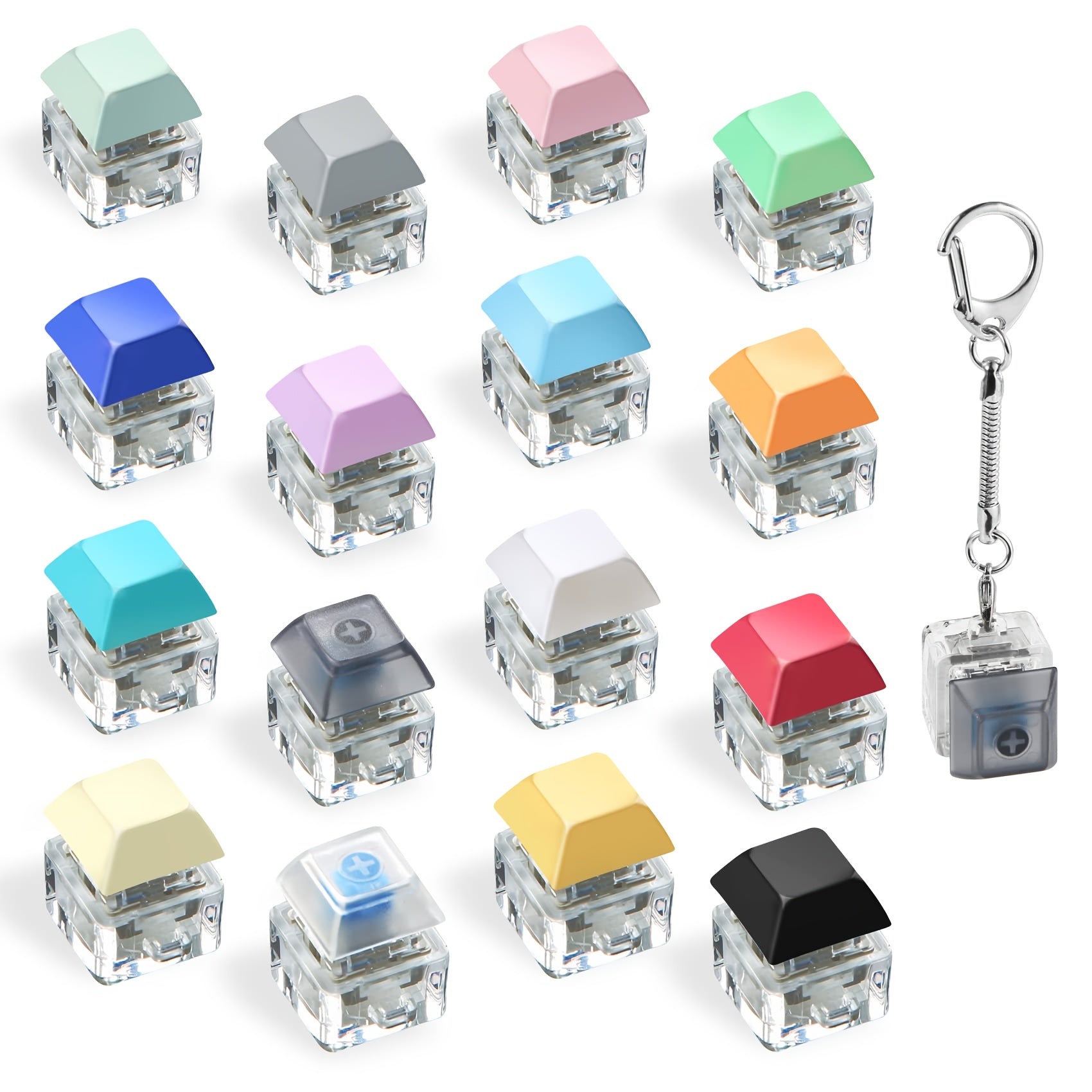 16 Pack Fidget Keyboard Keychain | Finger Keyboard Fidget, Keycap Fidget Keychain for Stress Relief, Crafts, Party Supplies, 16 Colors, Zinc Alloy Material